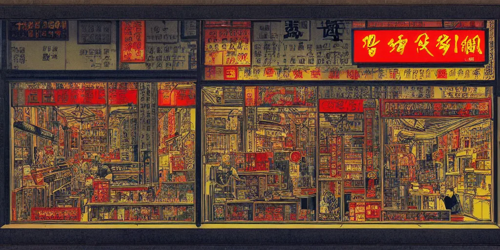 Image similar to a shop window in hong kong, by dan mumford and peter doig and edward hopper, minimal, black ink, thick lines, highly detailed, muted colours, overlaid with chinese adverts, 8 k