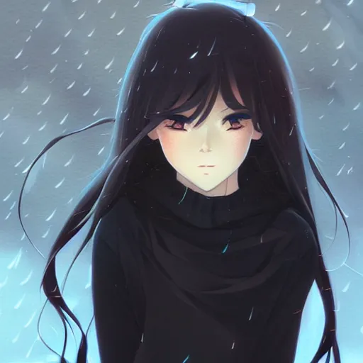 Image similar to a beautiful anime girl with dark hair, wearing a black dress, rainy weather, park background, intricate, highly detailed, digital painting, artstation, anime key visual, concept art, dramatic lighting, sharp focus, illustration, art by Artgerm, Makoto Shinkai, Ilya Kuvshinov, Lois Van Baarle, and Rossdraws