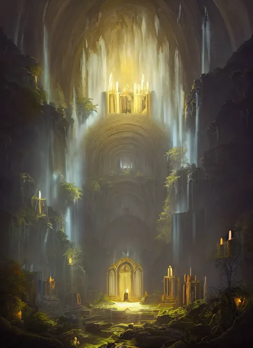 Prompt: Detailed Interior of Monastery Ruins, Waterfall walls, light of god, light shafts, candles, stunning atmosphere, in Style of Peter Mohrbacher, cinematic lighting