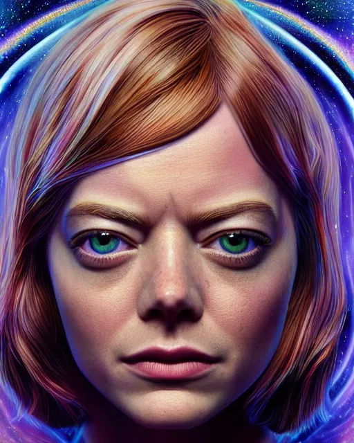 Prompt: portrait ultra dimensional emma stone, accidentally tripping on dmt and acid, psychedelic experience, overwhelming psychosis of self realization and burning awakening, ultra high definition, unreal engine 5, hyperrealism, masterpiece composition, by casey weldon, barclay shaw 8 k photorealistic