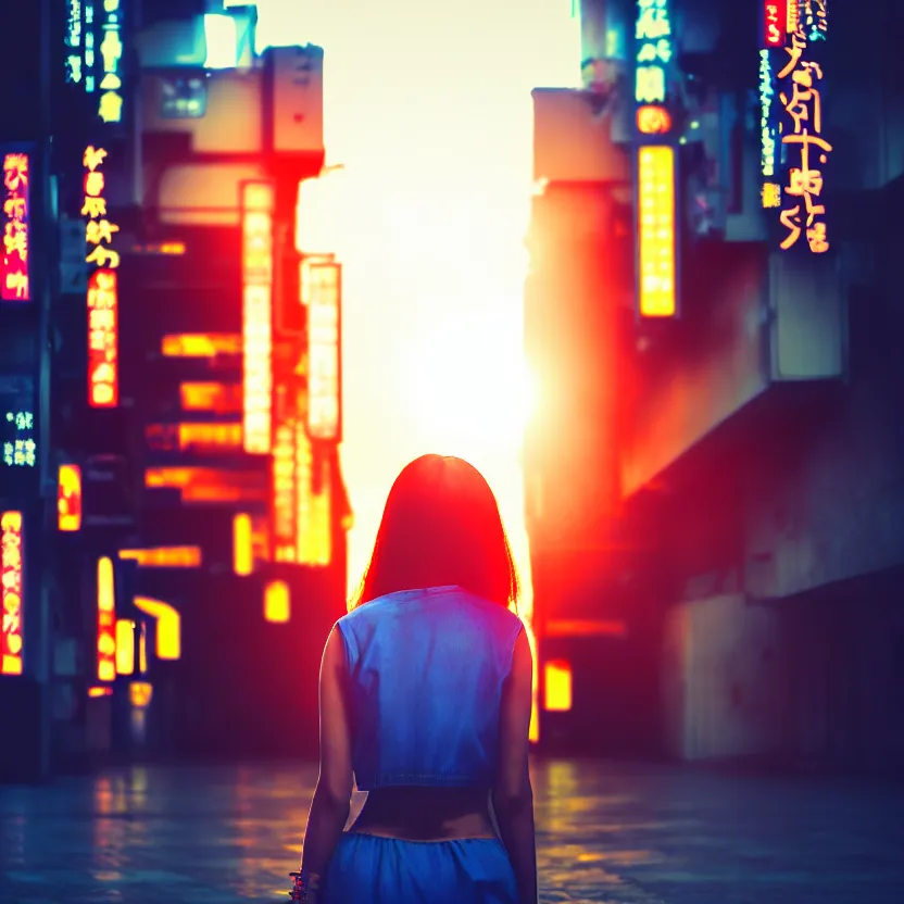 Prompt: a photo close up cyberpunk action pose woman standing in a cyberpunk hiroshima, prefecture streets, sunset, photorealistic, cinematic lighting, highly detailed, bokeh, style by tomino - sama