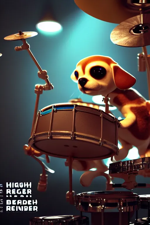 Image similar to high quality 3 d render very cute cyborg beagle plays drums!, cyberpunk highly detailed, unreal engine cinematic smooth, in the style of blade runner & pixar, hannah yata charlie immer, moody light, low angle, uhd 8 k, sharp focus