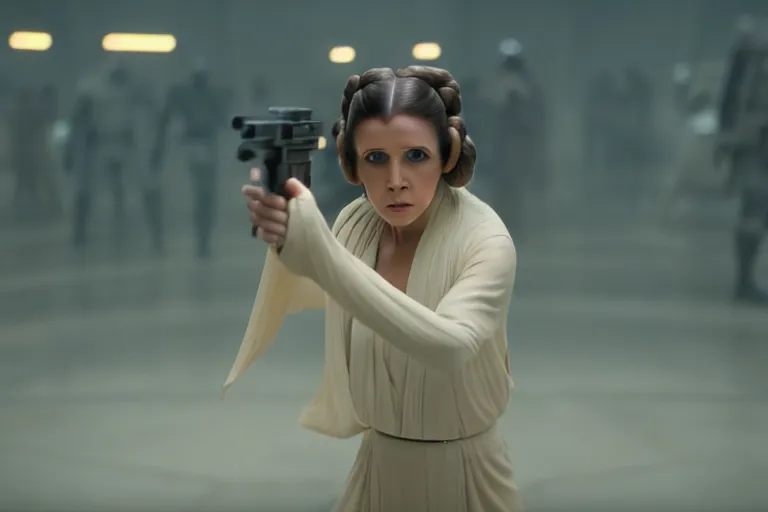 Image similar to princess leia from 1 9 8 3 in modern star wars movie, chase, action scene, photography by fred palacio medium full shot still from bladerunner 2 0 4 9, sci fi, bladerunner, canon eos r 3, f / 3, iso 2 0 0, 1 / 1 6 0 s, 8 k, raw, unedited