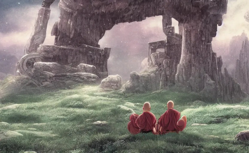 Image similar to movie still from princess mononoke ( 1 9 9 7 ) showing a highly detailed landscape with two monks in lotus position with stonehenge in the background 1 9 8 0 s science fiction, 1 9 7 0 s science fiction, cyberpunk, moody, misty, depth perception, 4 k, artstation