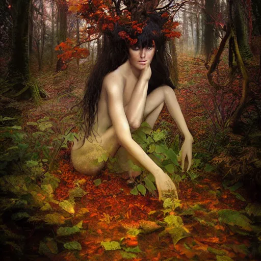 Image similar to portrait of a dryad in a shadowy forest of autumn maples by brian froud and jessica rossier dark mysterious -