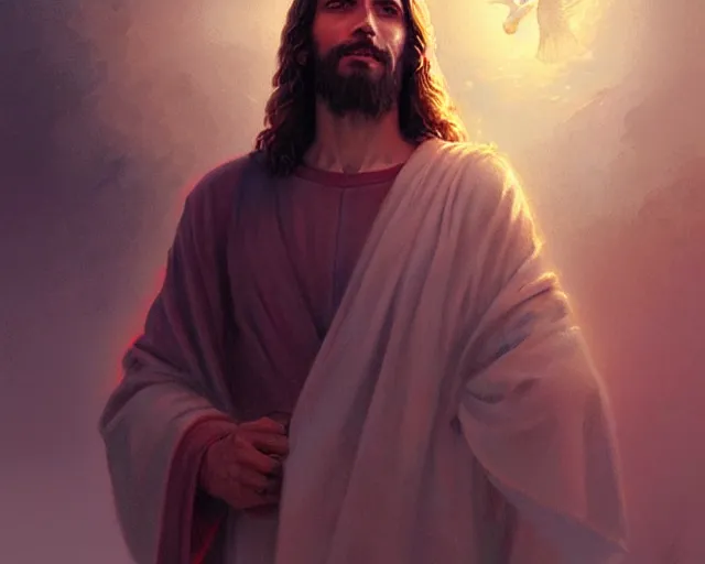 Image similar to jesus christ in 2 0 2 2, detailed intricate illustration, detailed illustration, hd, 4 k, digital art, overdetailed art, by greg rutkowski, by loish, complementing colors, trending on artstation, deviantart