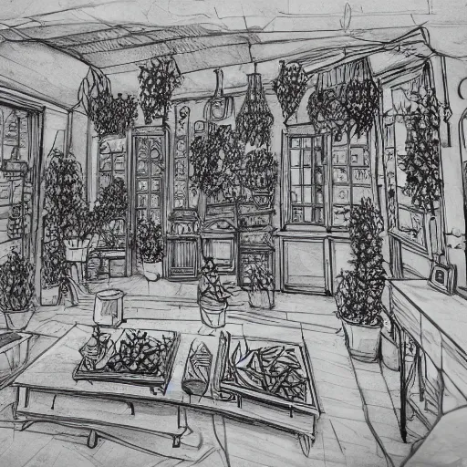 Image similar to annotated highly, detailed and intricate, sketch of a room full of green plants, marker concept art style rendering, concept art, half blueprint, trending on artstation, intricate details, center frame, annotations