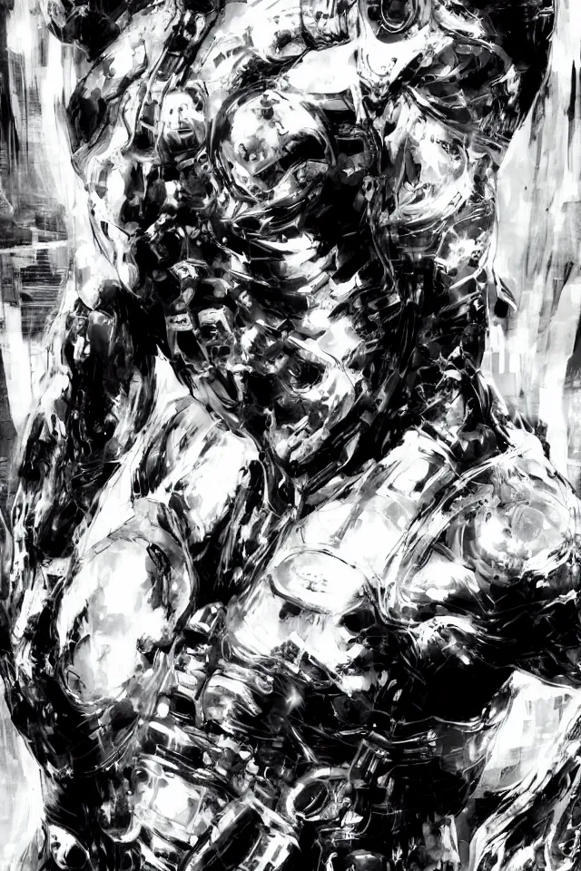 Prompt: a full - body portrait of cyborg donald trump, in yoji shinkawa's art style, metal gear solid art style, highly detailed, 4 k, artistic, white background, b & w