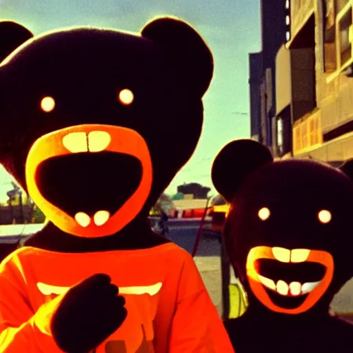 Image similar to happybears!, happy bears! kill union, humanoid bears, bear costumes, happy faces, evil happy faces, rollerblading, rollerskates, four humanoid bears, 2 0 0 1 anime, flcl, golden hour, japanese town, cel - shaded, strong shadows, vivid hues, y 2 k aesthetic