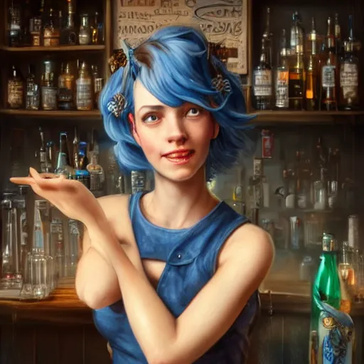 Image similar to an insanely detailed portrait of a smiling beautiful barmaid with short blue hair working at a rustic saloon, highly detailed features, sparkling blue eyes, long eyelashes, in the style of peter mohrbacher, artgerm, dramatic lighting and composition, octane render, trending on artstation, concept art 8 k