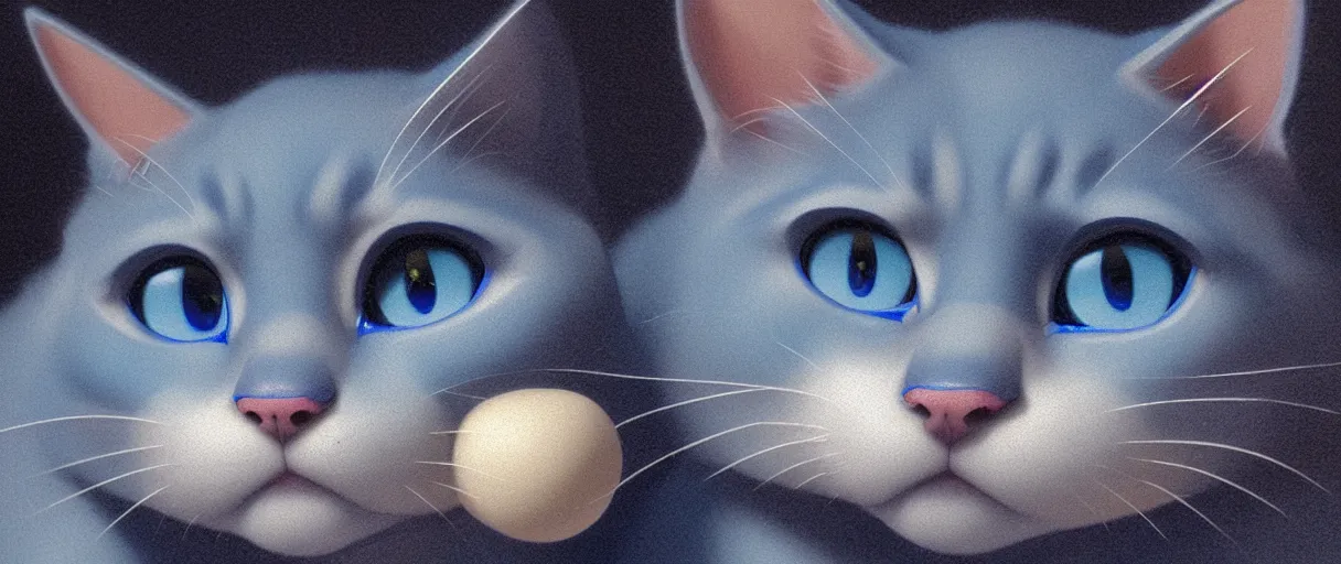 Prompt: hyperrealistic highly detailed close-up of a sad cute blue cat with round puppy eyes concept art mike mignola artemisia gentileschi sharp cinematic lighting 8k low angle shallow depth of field