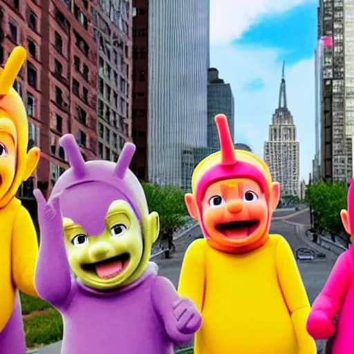 Image similar to teletubbies as bank robbers in new york city, 4k, high detail, high-resolution photograph, professional photography, ultra-detail