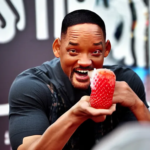 Image similar to will smith relaxed watching the world apocalypse while eating a strawberry ice cream