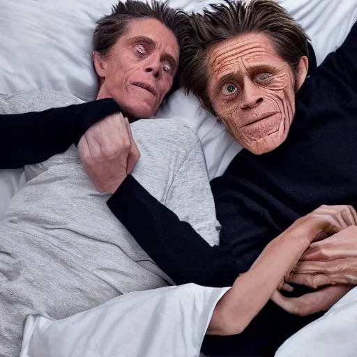 Image similar to willem dafoe lying in a bed with billie eilish