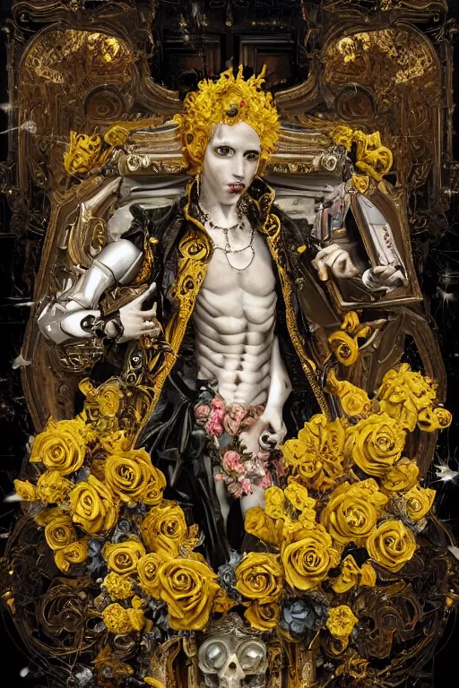 Image similar to full-body baroque and cyberpunk style sculpture of a young handsome Spanish prince half android with a chest opening exposing circuitry and electric sparks, glowing yellow laser eyes, crown of yellow roses, flowing teal-colored silk, fabric, flowers. baroque elements, human skull. full-length view. baroque element. intricate artwork by caravaggio. many many birds birds on background. Trending on artstation, octane render, cinematic lighting from the right, hyper realism, octane render, 8k, depth of field, 3D