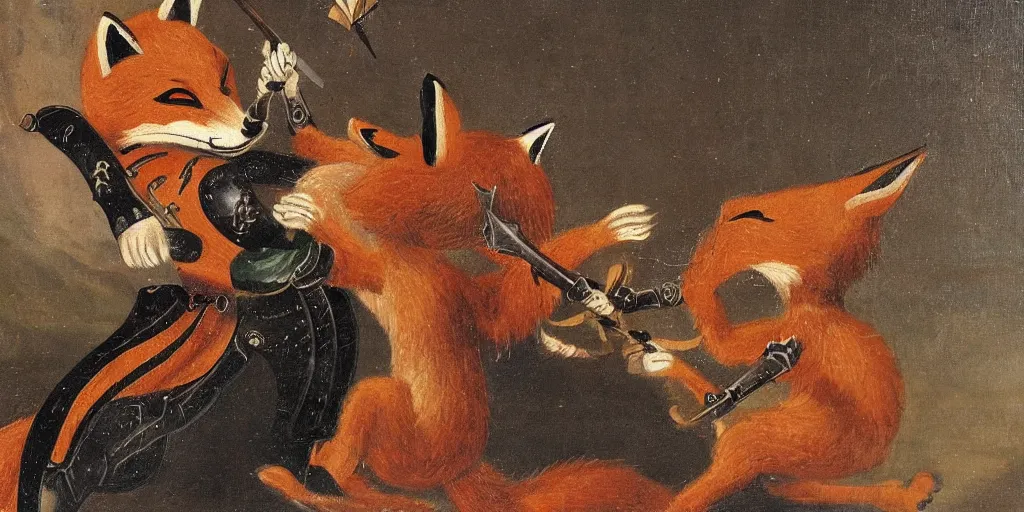 Image similar to an anthropomorphic fox fighting an evil knight who is twice as tall, 1 9 th century painting