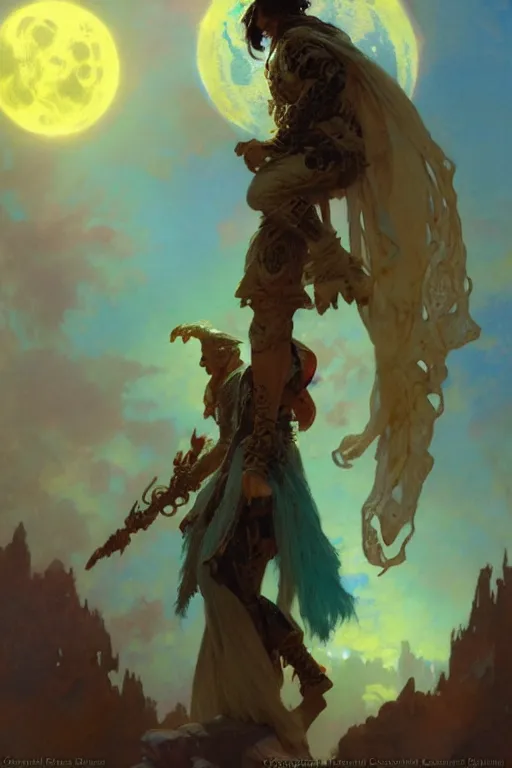 Image similar to pearlescent turquoise moon sorcerer, male character design, painting by gaston bussiere, craig mullins, greg rutkowski, alphonse mucha, trending on artstation