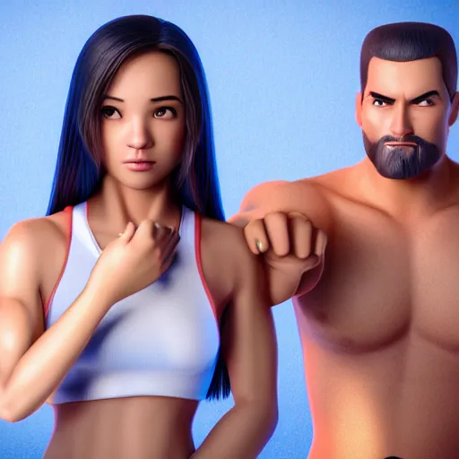 Prompt: young beautiful athletic Filipino woman with long hair standing beside a handsome caucasian athletic thin man with very short buzzed thinning hair, stubble beard on his face, blue eyes, they are posing, depicted as adult Pixar characters, high quality cg render, 4k