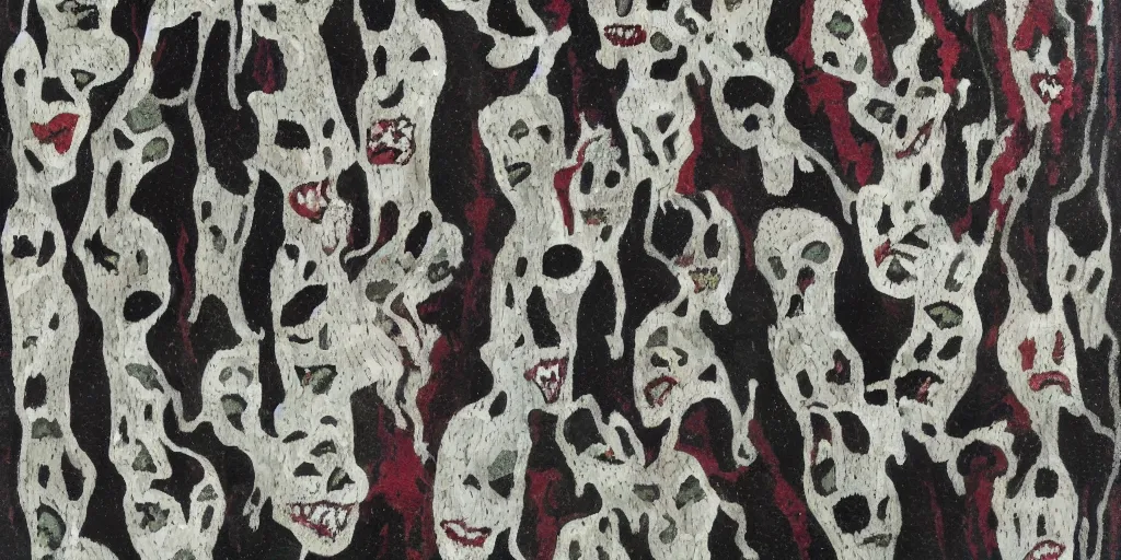 Image similar to camo made of teeth, smiling, abstract, francis bacon artwork, cryptic, dots, stipple, lines, splotch, color tearing, pitch bending, faceless people, dark, ominious, eerie, minimal, points, technical, old painting