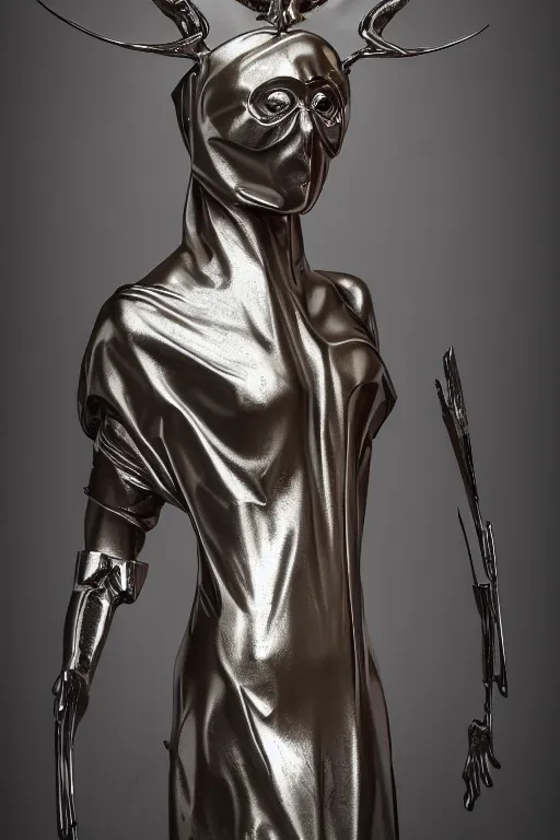 Prompt: chrome carved statue of nordic goddess symmetrical three faced in one body, metallic polished sculpture, dressed with a colorful wrapped cotton cloak, made by antonio corradini, and dug stanat macabre art, dark surrealism, epic and cinematic view, volummetric light, texturized, detailed, 8 k