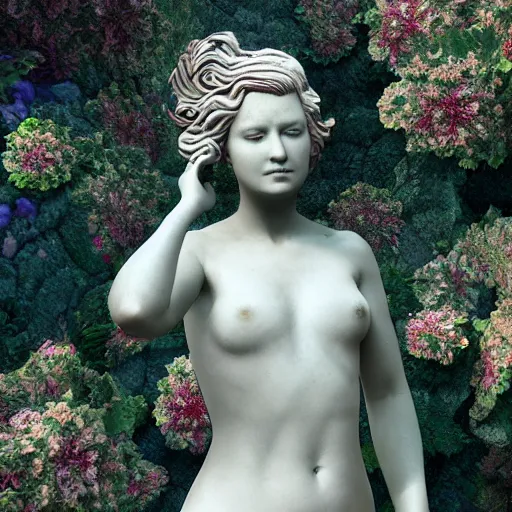 Image similar to an idealistic marble statue with fractal flowery hair in a fractal garden, unreal engine, 8k render, beautiful, full frame,