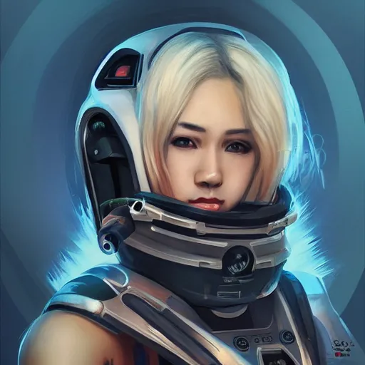 Prompt: a beautiful portrait of a space bounty hunter by Kyuyong Eom trending on Artstation