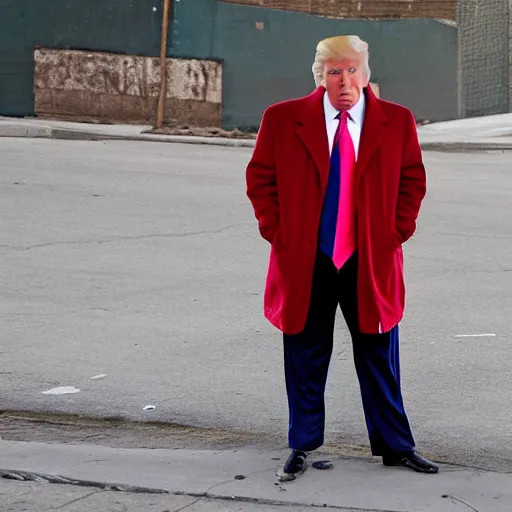 Image similar to donald trump dressed as a homeless man living in the slums