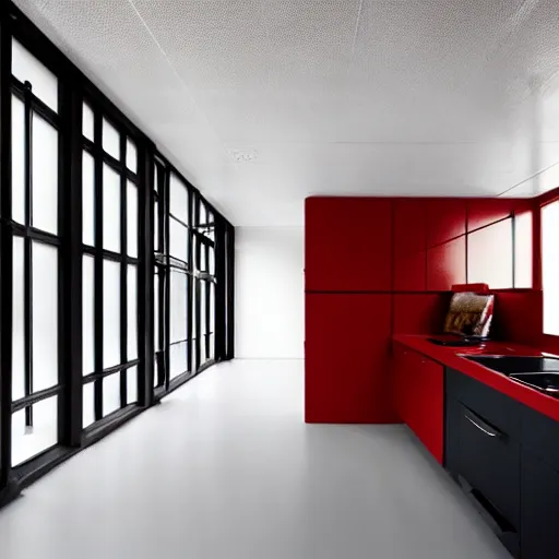 Prompt: photo of black, matte kitchen fronts surfaces and furniture, dark red walls at the back, white floor tiles on the ground, white ceiling, architecture, concept art