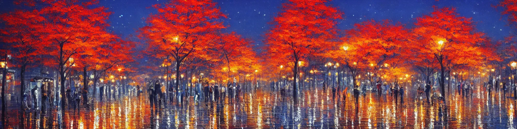 Image similar to painting of autumn japanese city landscape during night, award winning painting, beautiful, breathtaking, stunning scenery, trending on artstation, masterpiece