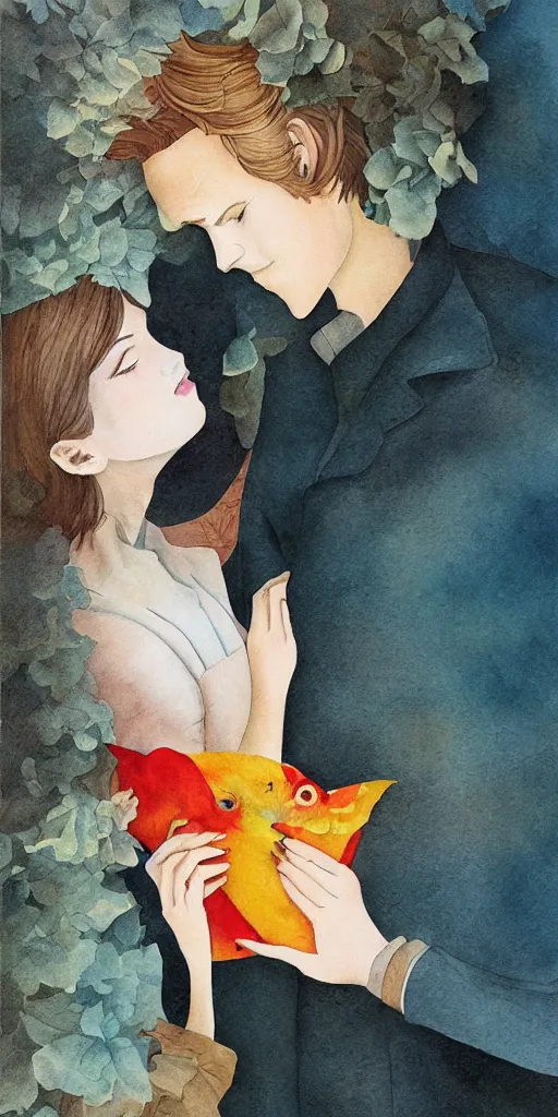 Image similar to greeting card, love, 2 people, by tran nguyen, warm colors, cozy