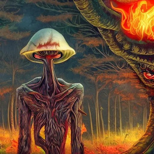 Image similar to a centered chest up portrait of a psychedelic demonic anthropomorphic wendigo smoking a hand - rolled cigarette smoking heavily, magic mushroom village in background. award winning. superb resolution. in the art style of junji ito and greg rutkowski. detailed mushroom city in background. hyper realistic anime. perfect art. dalle 2