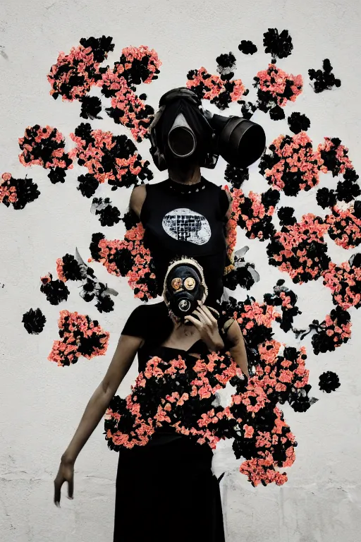 Image similar to a surreal portrait of a woman wearing gas mask blending into a wall of black flowers in the style of brooke didonato, editorial fashion photography from vogue magazine, full shot, nikon d 8 1 0, ƒ / 2. 5, focal length : 8 5. 0 mm, exposure time : 1 / 8 0 0, iso : 2 0 0