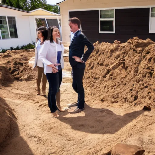 Prompt: real estate agent showing couples through houses made entirely of dirt