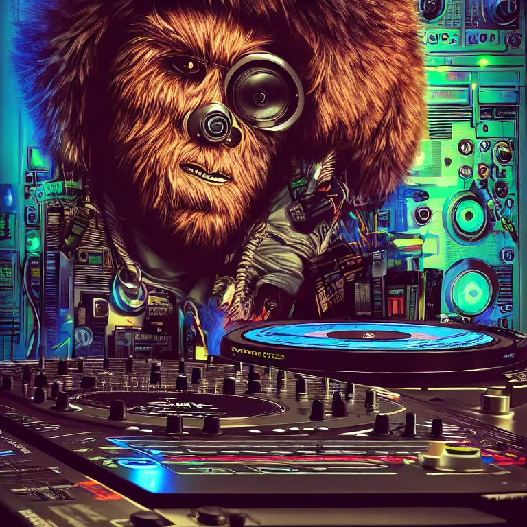 Image similar to a photograph portrait of an anthropomorphic cyberpunk bigfoot dj at the turntables spinning records, detailed render, tape deck, boombox, headphones, epic composition, cybernetics, 4 k realistic, cryengine, realistic shaded lighting, sharp focus, masterpiece, by matteo scalera, gary montalbano, peter elson in the style of the tokyo ghost comic