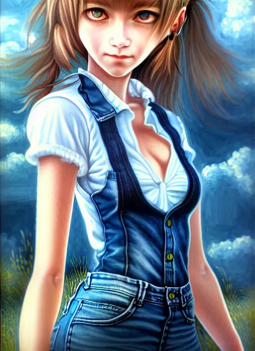 Prompt: a portrait of catgirl wearing white vest, and denim shorts an ultrafine detailed painting, detailed painting, detailed eyes!!, final fantasy