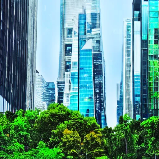 Prompt: a dreamy photo of a surreal city with a lot of glass sky scrapers, green lush landscape