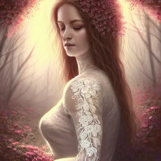 Prompt: a picture of a beautiful woman with a symmetrical detailed face, dressed in a white lace dress and covered in flowers and leaves sitting in an enchanted forest, sunset, high fantasy, elegant, epic, detailed, intricate, digital painting, concept art, realistic detailed face, smooth, focus, rim light