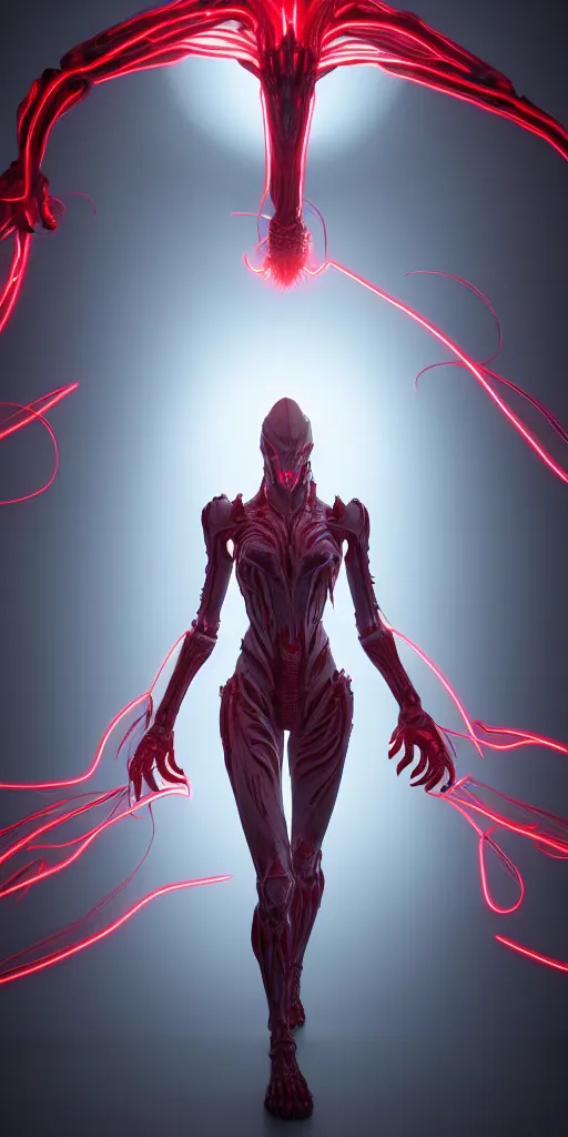 Image similar to stunning symmetric full body character image, woman, predator, Protoss, human, Tsutomu Nihei, 3d octane render, unreal engine, hyper realistic, realistic, white bone armor, soft illumination, human facial features, surrounded in red glowing tendrils of whispy smoke, trending artstation, 4K, insane