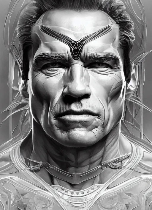 Image similar to symmetry!! arnold schwarzenegger, machine parts embedded into face, intricate, elegant, highly detailed, digital painting, artstation, concept art, smooth, sharp focus, illustration, art by artgerm and greg rutkowski and alphonse mucha, 8 k