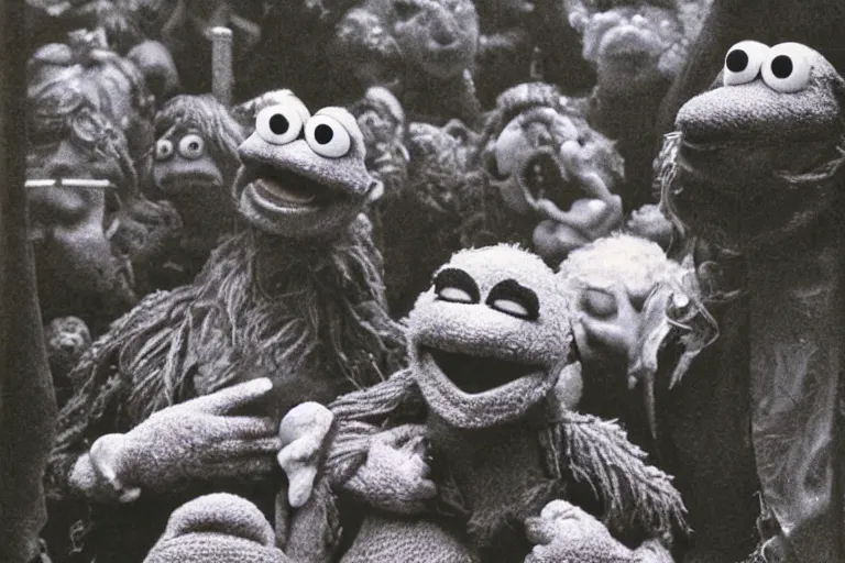 Image similar to photo of sad muppet funeral, graveside, rain, outside, 1 9 8 0 s, creepy, scary, crying, grotty, ugly, terrified, brian froud, film look, cinematic, terry gilliam
