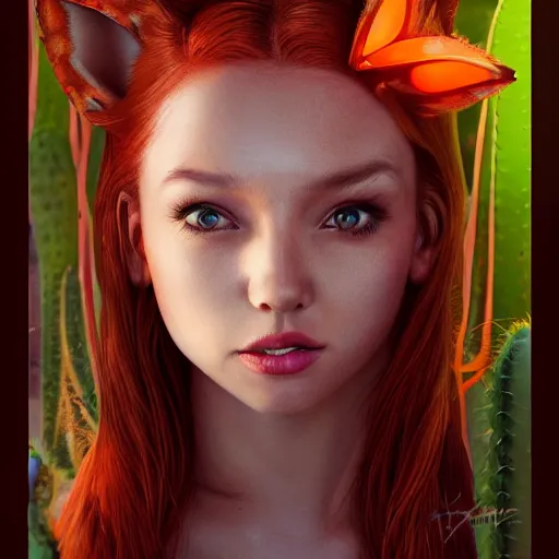Prompt: Portrait of red-haired girl with fox ears and an evil grin in orange bikini holds a cactus cinematic lighting, intricate, elegant, highly detailed, digital painting, artstation, smooth, sharp focus, illustration, art by Yoshitaka Amano, artgerm