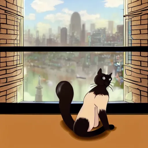 Image similar to a cat sitting on the window ledge watching over a beautiful anime city in the style of Tue Tue on ArtStation and Ayush Pant on ArtStation, the cat is pictured from behind, 4k,