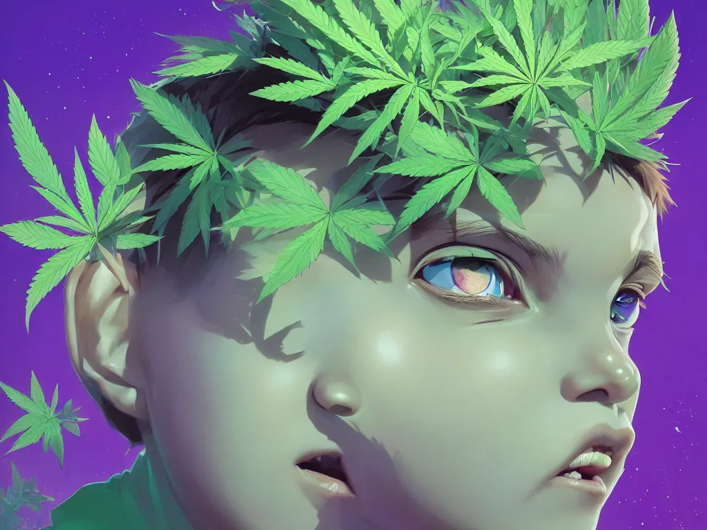 Prompt: kid with symmetrical beauty face, green flowers of marijuana purple glow hemp cannabis, behance hd, by jesper ejsing, by rhads, makoto shinkai, lois van baarle, ilya kuvshinov, rossdraws global illumination, golden ratio