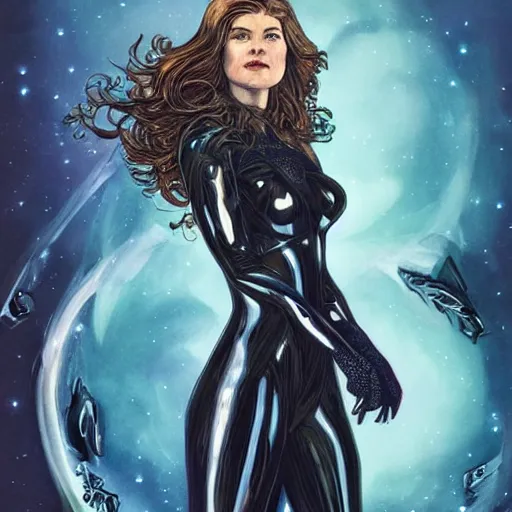 Prompt: Rosamund Pike as a quirky futuristic space witch, dark-hair, intricate, elegant, highly detailed, smooth, sharp focus, detailed face, high contrast, dramatic lighting, graphic novel, art by Ardian Syaf and Michael Choi,