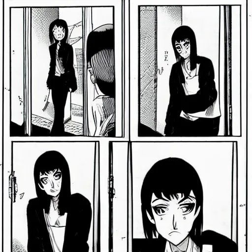 Image similar to Manga Panels, Mila Kunis looks to her right at a door leaking onto the floor by Junji Ito