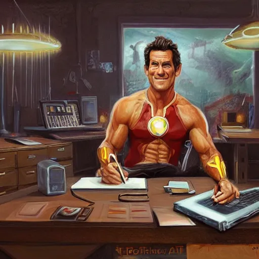 Image similar to an insanely detailed painting of jeff probst wearing a superhero costume sitting at a desk, staring nervously at a computer and typing, in the style of peter mohrbacher, dramatic lighting and composition, trending on artstation, concept art, comic book