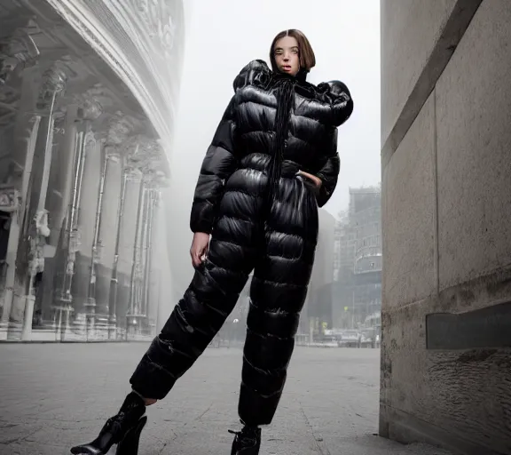 Image similar to well lit fashion shoot portrait of extremely beautiful female black marble statue wearing huge puffer jacket over size futuristic outerwear, puffer trouser, puffer jacket, puffer jacket by moncler genius, dingyun zhang, yeezy, balenciaga, vetements, sharp focus, clear, detailed, detailed, glamorous, symmetrical, vogue, editorial, fashion,