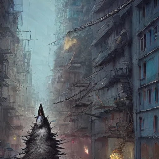 Image similar to gigantic cat walking on apocalyptic city, very detailed fine art, trend of artistation, style of greg rutkowski and kasinskii