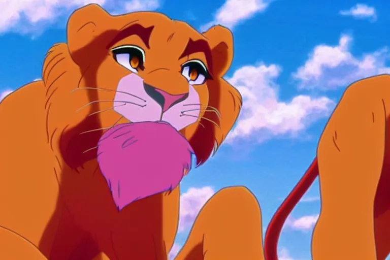 Image similar to simba from the lion king in a still from the anime neon genesis evangelion, neon genesis evangelion official media, high quality, hideaki anno anime