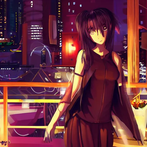 Image similar to anime girl in a cyberpunk city bar at night